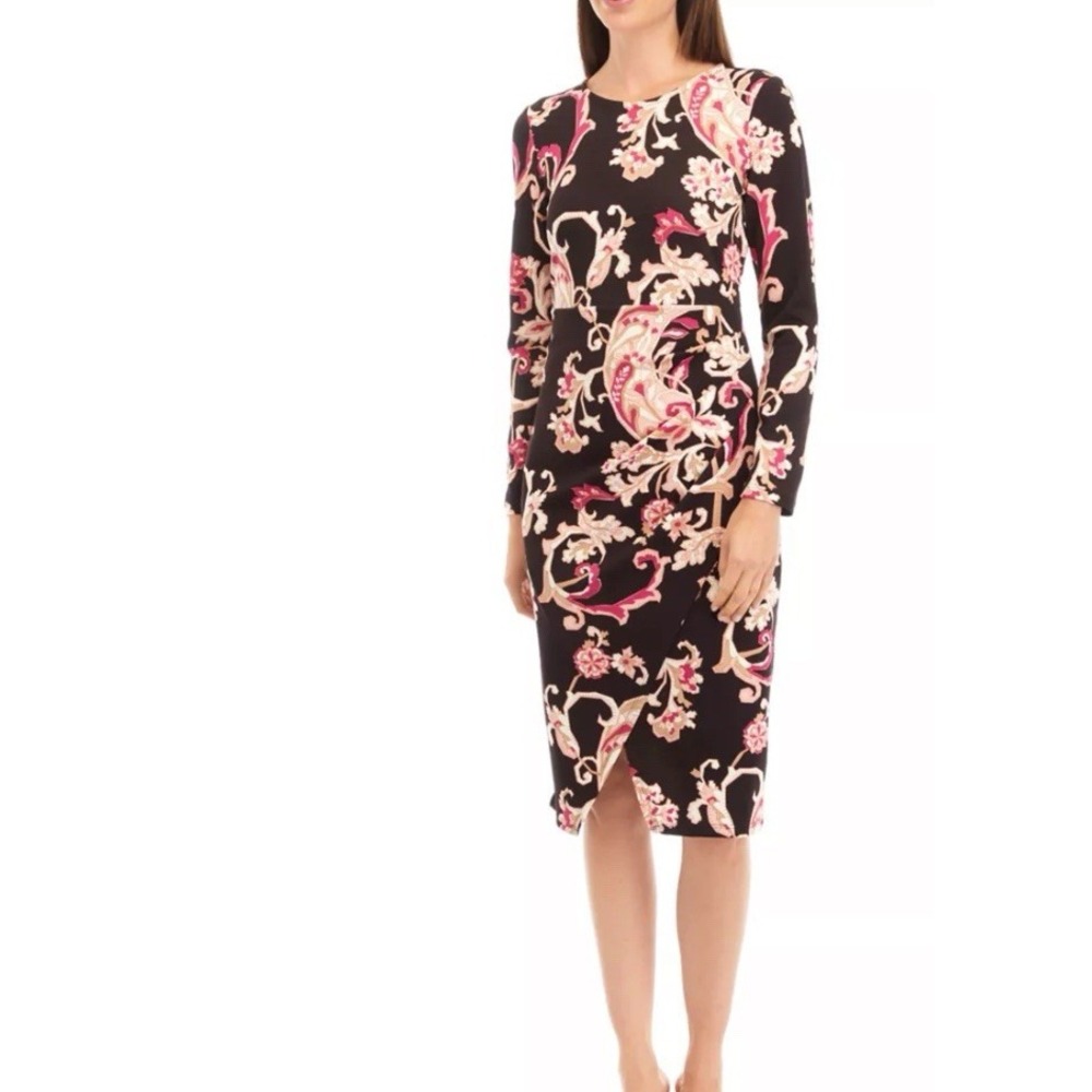 Women’s Brown Paisley Boho Dress Size 2XL A-Line Long Sleeve Midi Casual‎ Career